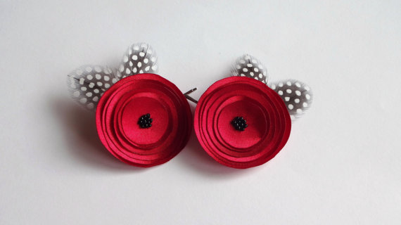 Wedding - Red Satin Poppies with Feathers Hair Pins or Shoe Clips