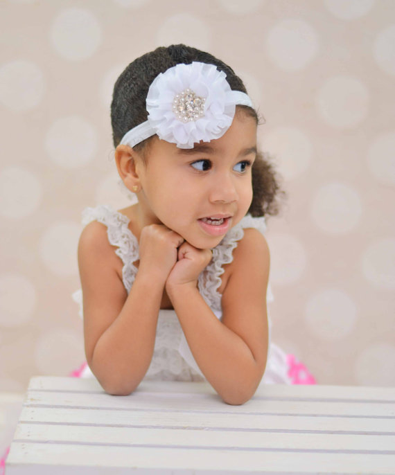 زفاف - Baby Headband White Chiffon Pearl Rhinestone  - Gift or Photo Prop - Newborn Infant Toddler Girl Adult Flower Girl Wedding Flowergirl