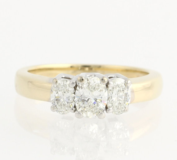 Wedding - Three Stone Diamond Engagement Ring - 14k Yellow & White Gold Oval 1.00ctw F9050