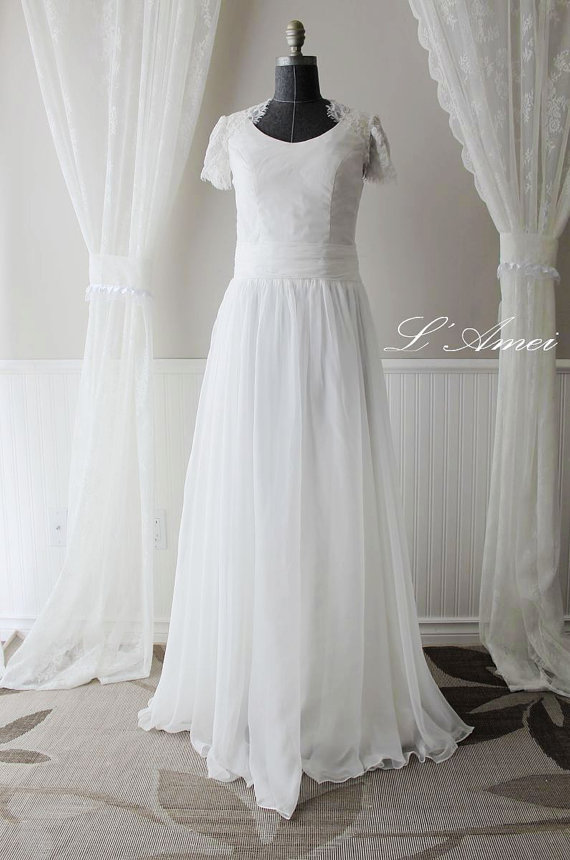 Wedding - Custom Beach style Ivory or pure white floor length cotton wedding dress with France lace cap and small keyhole back - YS198660198