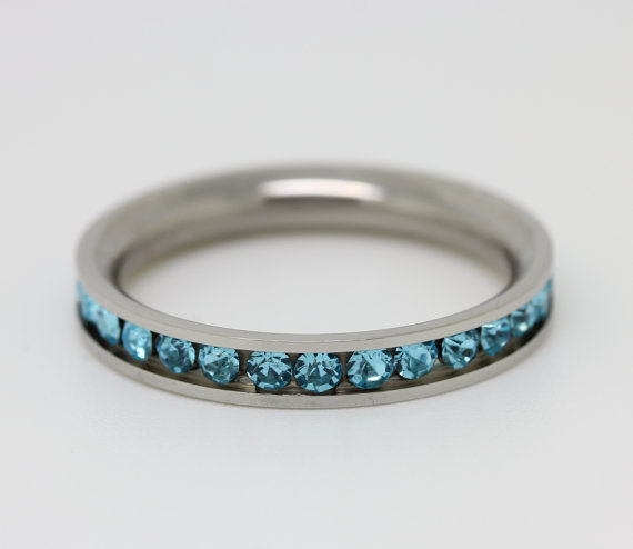 Свадьба - Blue aquamarine full eternity ring - stacking ring - wedding band - engagement ring in white gold or titanium