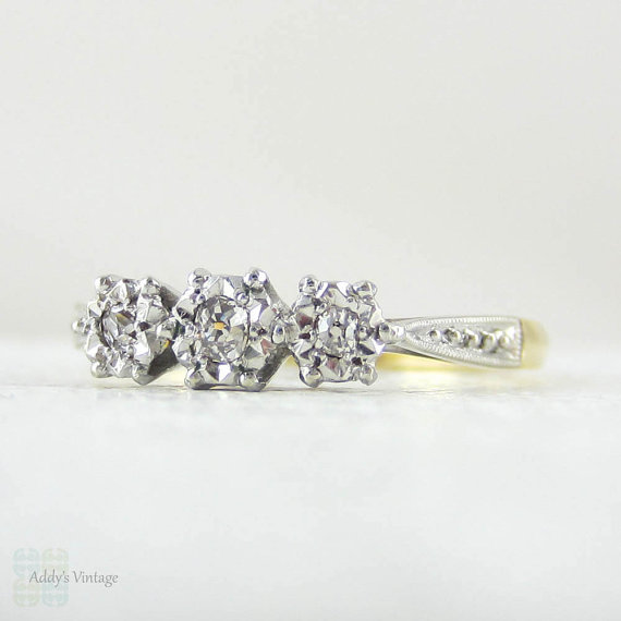 Hochzeit - Art Deco Diamond Engagement Ring, Trilogy Three Stone Diamond Ring with Engraved Design, 18 Carat & Platinum, Circa 1930s.