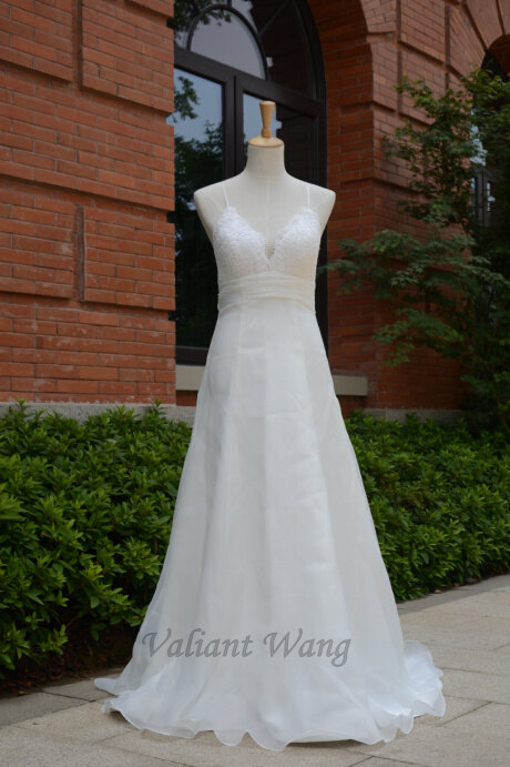 Hochzeit - Open Back Cross Straps Ivory Lace Organza Wedding Dress Designer Wedding Gown Empire Waist V Neckline Spaghetti Dress