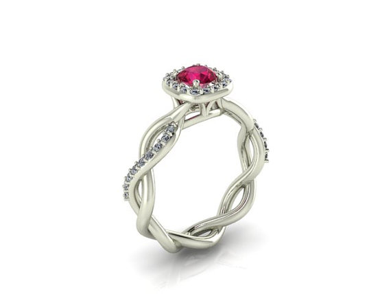 Wedding - Diamond Bridal Wedding ring, Braided shank Engagement Ring with Natural Ruby Stone