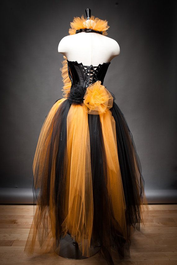 Wedding - Custom Size Orange And Black Feather Burlesque Corset Witch Costume With Hat Available In Sizes Small Through 6xl
