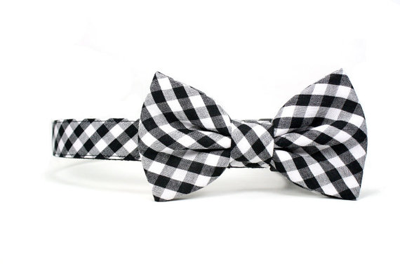 Hochzeit - Black White Gingham Dog Bow Tie Collar Wedding Check Dog Bowtie Adjustable