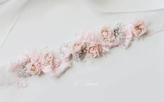 Wedding - Blush Pink Flowers Wedding Sash Bridal Belt Accented with Hand Beaded Sequins and Faux Pearls