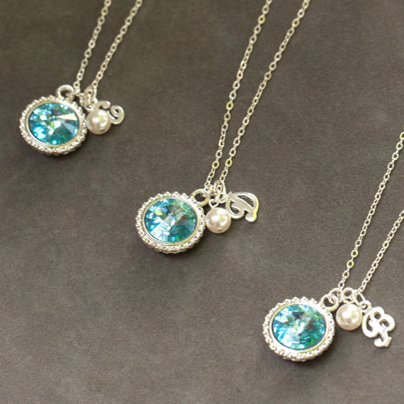 زفاف - Bridesmaid Pearl Jewelry Set of 7, Sterling Silver & Swarovski Crystal, Blue Jewelry for Bridal Party, Bridesmaid Favors