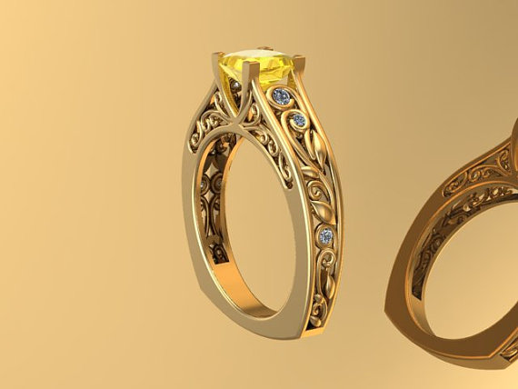 زفاف - Bridal Euro Shank Solid  Gold Ring With Genuine CITRINE Center Stone and Natural High Quality Diamonds, Engagement and Proposal Ring