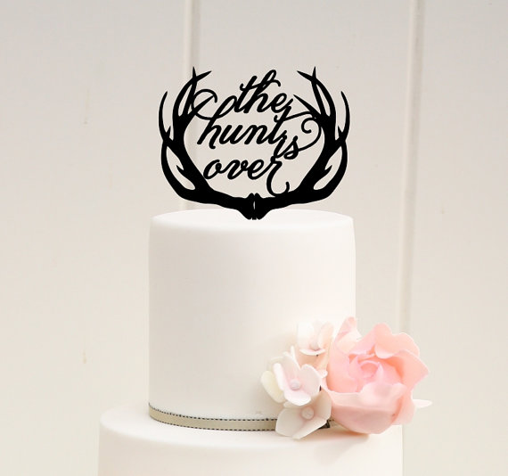 Hochzeit - The Hunt is Over Deer Antlers Wedding Cake Topper - Custom Cake Topper