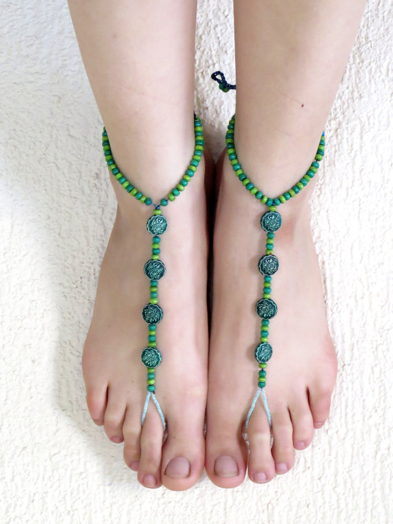 Wedding - Beaded Sandals. Barefoot Sandals,Hand made Sandals,green flower button,beaded  sandles.. Yoga, Foot Thongs, Nude Shoes,