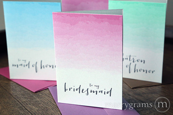 Hochzeit - Bridesmaid Thank You Cards - To My Maid of Honor, House Party, Bridal Party Wedding Thank You Notes Ombre Pink, Blue Green (Set of 7) CS11