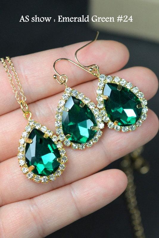Wedding - Bridesmaid gifts,cocktail jewelry,Bridesmaid jewelry Green emerald silver Earring Necklace SET,Drop, Dangle,bridesmaid gifts,Wedding jewelry