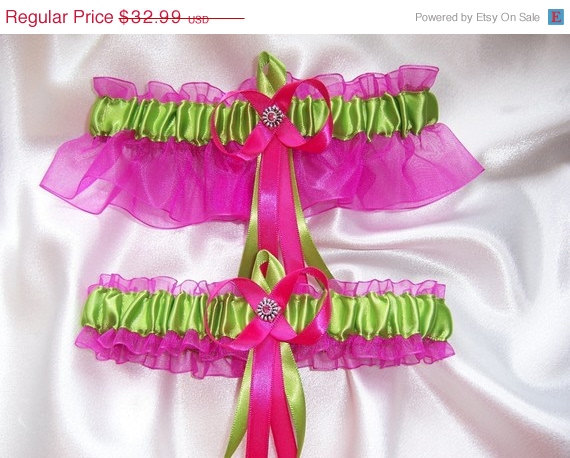 Wedding - SALE Elegant Hot Pink and Lime Green Wedding Garter Set