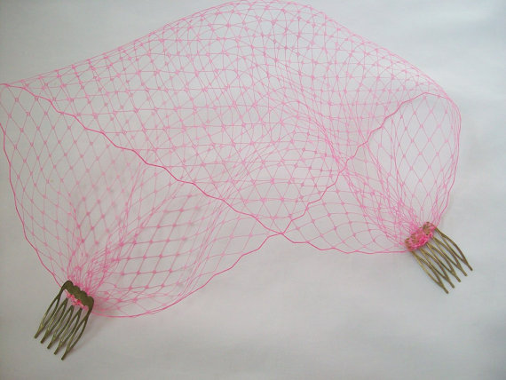 Wedding - Fine and Delicate Pale Fuchsia Hot Pink Birdcage Bandeau Wedding Bridal Russian Veil - Comb Attachment