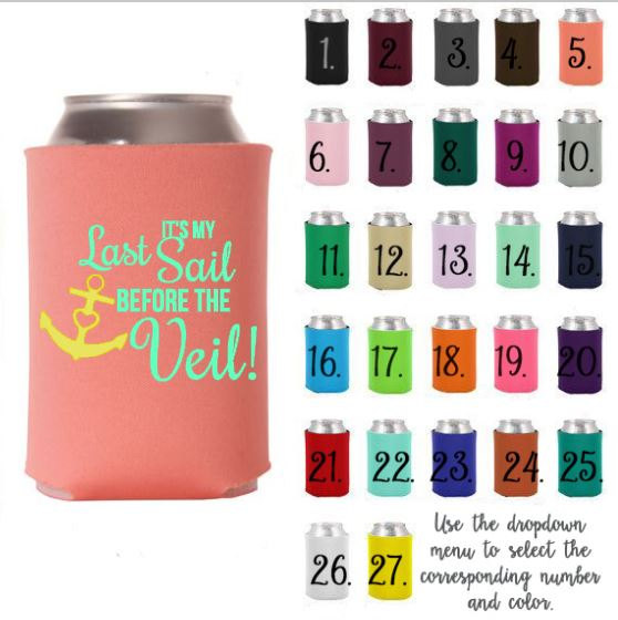 Wedding - It's My Last Sail Before the Veil Koozie Can Cooler Mint Coral Gold Custom Colors Glitter Bachelorette Bridal Party Anchor Nautical