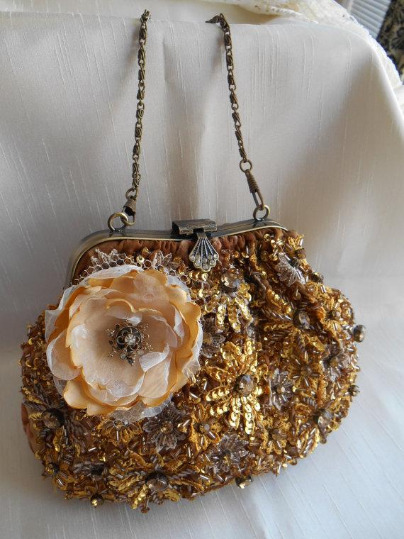 Mariage - Gorgeous Vintage Beaded Rhinestone Sequined Clutch Bag Purse with Handmade Flower Brooch Wedding Formal Bridesmaid