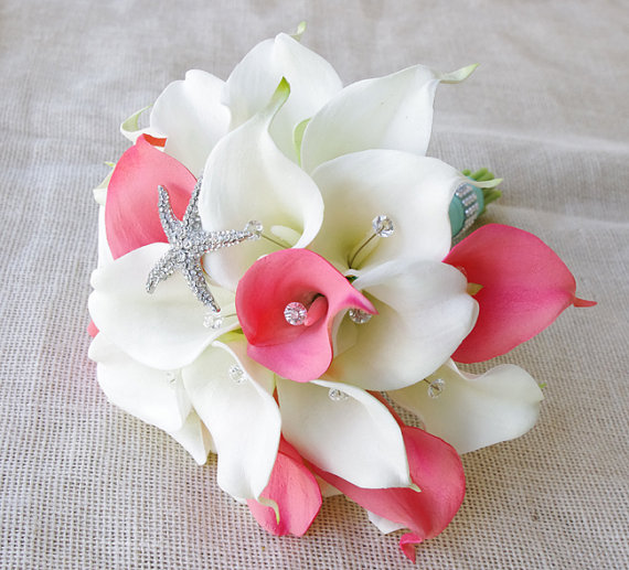 Wedding - Silk Flower Wedding Bouquet - Coral or Peach Calla Lilies Natural Touch with Crystals Silk Bridal Bouquet Starfish brooch