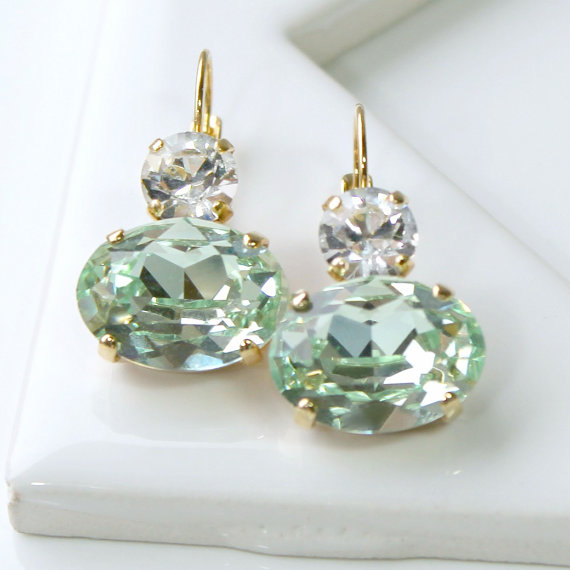 زفاف - Fresh Light Green Swarovski Crystal Ovals with Clear Crystals on Top, Dangle Leverback Earrings in Gold
