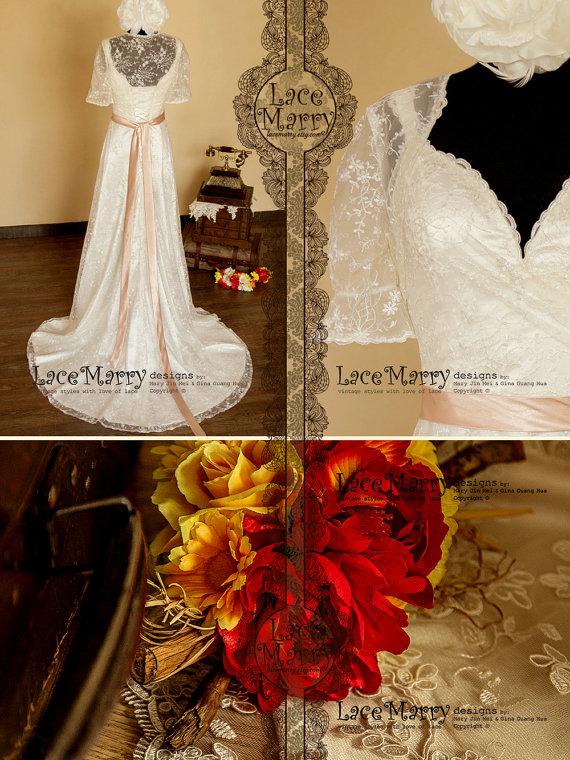 زفاف - Fairy Tale Sheath Style Lace Wedding Dress with Soft Lace Bolero, Features Deep Lace Trimmed Neckline and Straps, Comes with Satin Sash