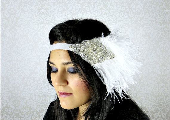 Wedding - Gatsby Wedding Headpiece, Rhinestone Pearl Silver Beaded Art Deco Headpiece, White Feather Headband, Bridesmaid Headband, 1920s Headband