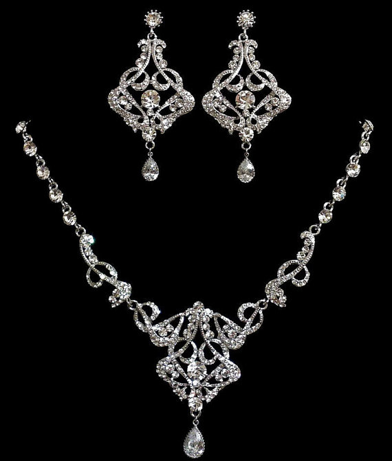 زفاف - Art Deco Bridal Jewelry, Statement Necklace, Chandelier Earrings, Swarovski Crystal, Pearl Jewelry, CARMEN SILVER A