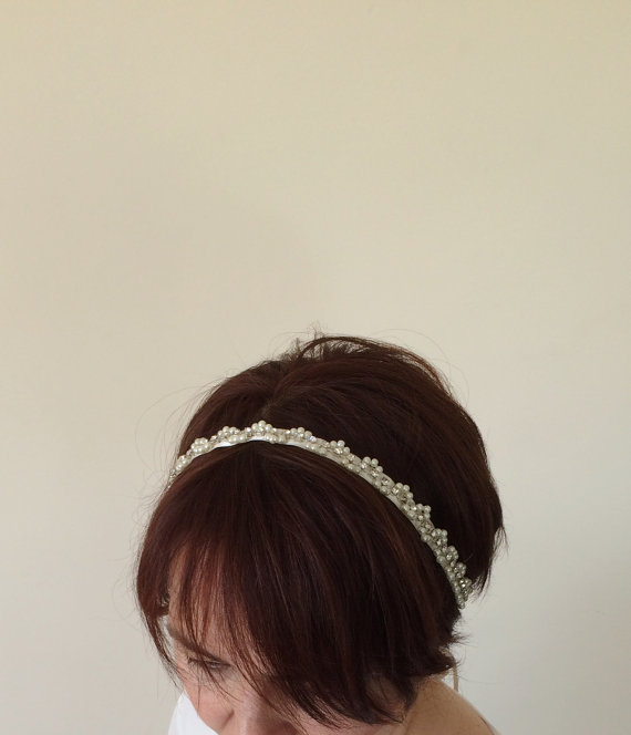 Hochzeit - Rhinestone and Pearl Embriodered Wedding Hairband, Bridal Lace Headband, Bridal Headpiece, Beadwork, ReddApple, Fast Delivery