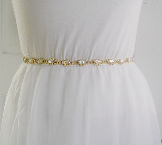 زفاف - Gold Aurora Borealis Crystal Sash: Bridal Belt AB Rhinestones