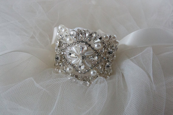 زفاف - Rhinestone Crystal Pearl Beaded Bridal Cuff Bracelet, Bridal Pearl Crystal Cuff