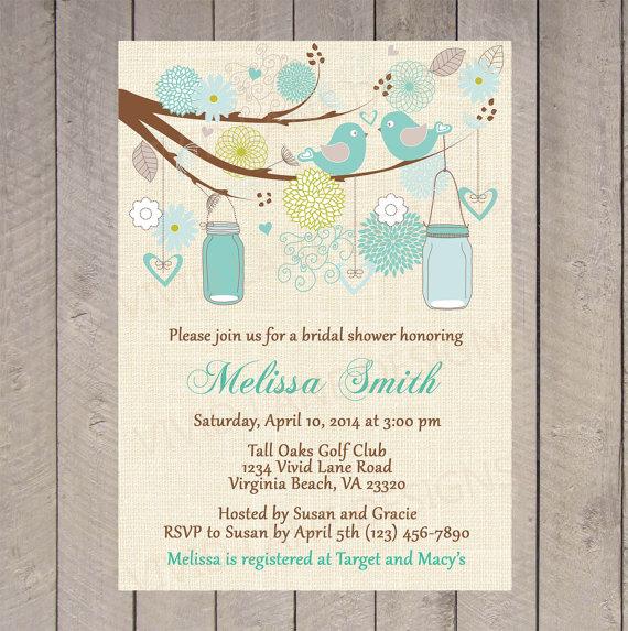 Wedding - Bridal Shower Invitation - Love Birds, Mason Jars Invitation, Blue and Teal Jars, Hanging Jars, Wedding Shower Invite - 104