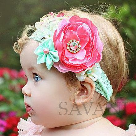 Свадьба - Flower girl headbands,Ivory and pink Baby girl headband, vintage headband, habby chic headband,headband,wedding headband, flower girl outfit