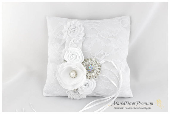 Hochzeit - READY TO SHIP Wedding Ring Pillow with Lace  Brooches Crystals Handmade Flowers in White