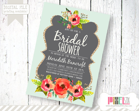 زفاف - Fresh and Modern Watercolor Bridal Shower Invitation - CUSTOMIZABLE PRINTABLE INVITATION - Mint and Grey with Floral Accent