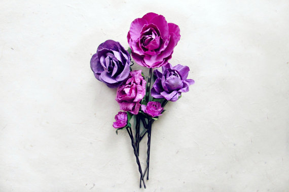 زفاف - Orchid Purple Hair Accessories. Radiant Orchid Wedding Hair Flowers. Paper Flower Hair Pins. February Bridesmaid Gift Bobby Pin Set of 6.