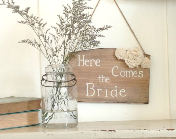 Hochzeit - Here Comes the Bride Sign, Rustic Wood Wedding Sign with Cottage chic fabric flowers