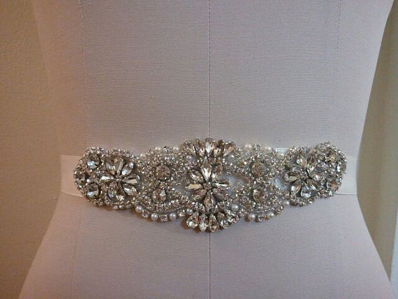 زفاف - Wedding Belt, Bridal Belt, Sash Belt, Crystal Rhinestone & Off White Pearls  - Style B200099M