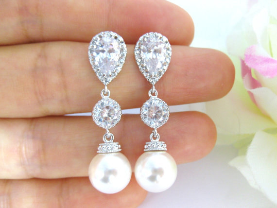 Wedding - Wedding Jewelry Bridesmaid Gift Bridal Earrings Swarovski Round Pearl Earrings Drop Dangle Earrings (E041)
