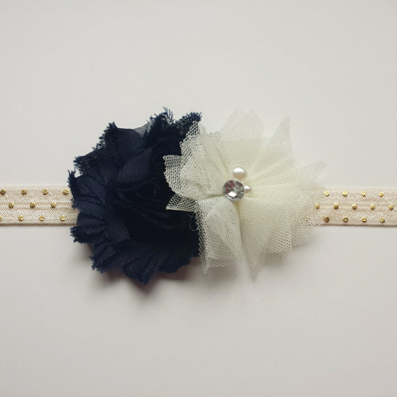 Wedding - Navy Blue and Gold Headband - Polka Dot - Shabby Flower - Ivory - Holiday - Dark Blue - Newborn Photo Prop - Toddler - Tulle - Festive -