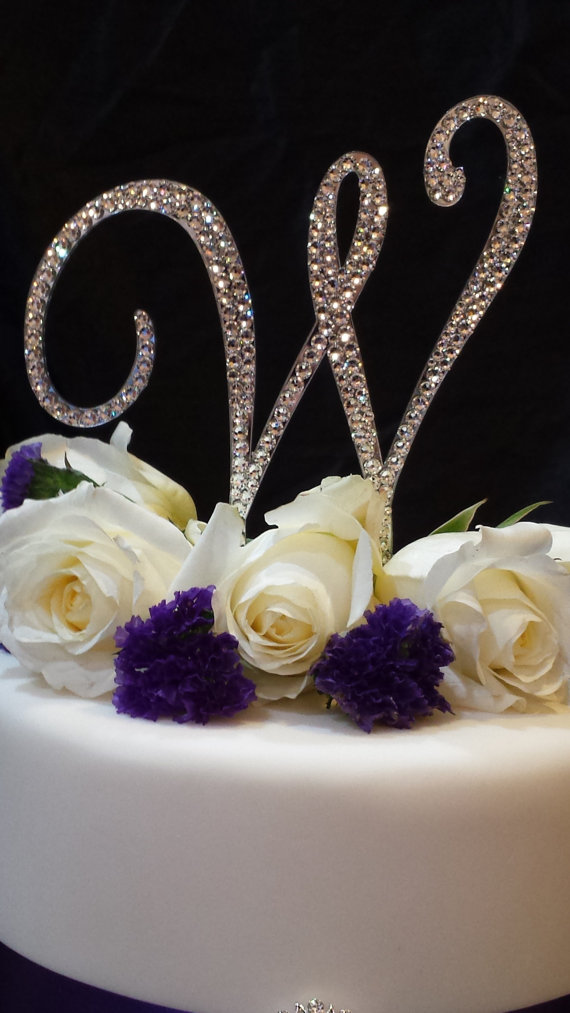 زفاف - 5" Tall Initial Monogram Wedding Cake Topper Swarovski Crystal Rhinestone Letter A B C D E F G H I J K L M N O P Q R S T U V W X Y Z
