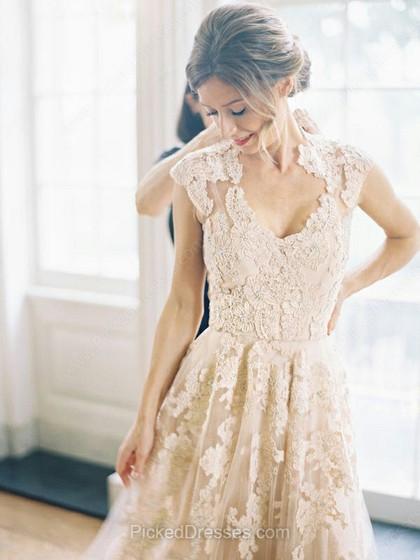 Hochzeit - A-line V-neck Appliques Lace Wedding Dresses