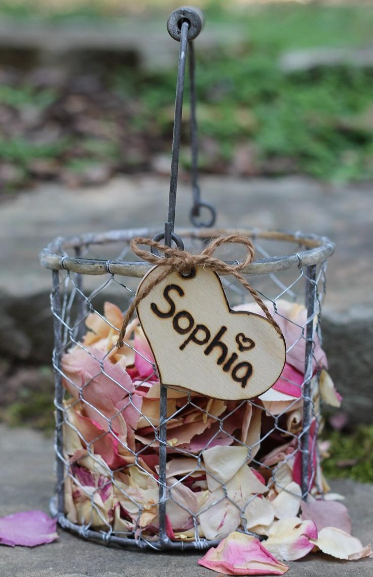 Mariage - Rustic Flower Girl Basket Vintage Inspired Personalized Heart Rustic Wedding, Shabby Chic Wedding