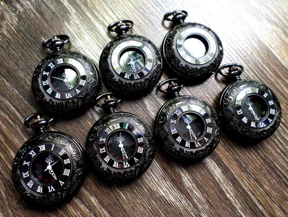 Mariage - Set of 7 Gunmetal Black Quartz Pocket Watches with Vest Chains Clearance Groomsmen Gift Wedding Party Gift Set Groomsman Personal Gift