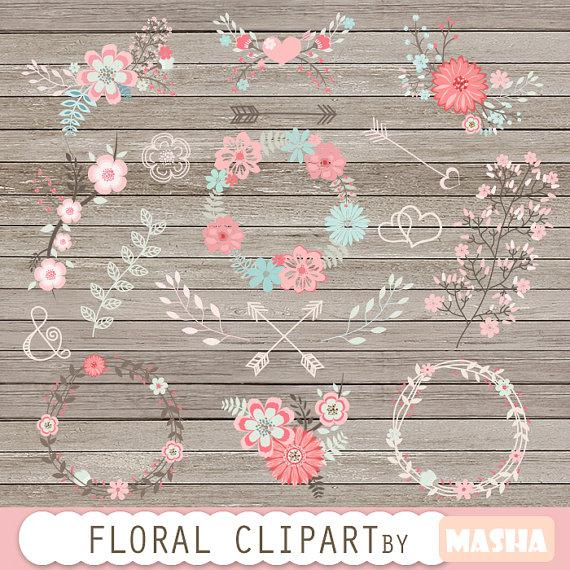 Mariage - Flower clipart: "FLORAL CLIPART" wedding flower clipart, floral wreaths, scrapbook flowers, wedding invitations, floral bouquet clipart
