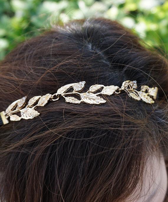 Mariage - Gold Leaf Greek Goddess Summer Elastic Headband Bridal Wedding Hair Piece