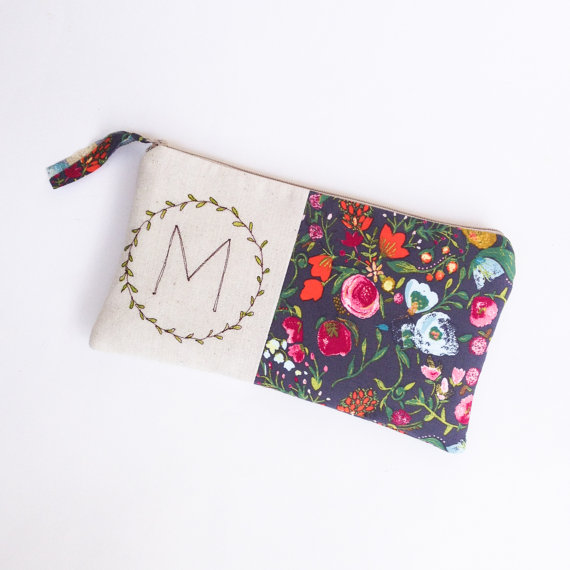 Свадьба - Monogram Clutch, Personalized Bridesmaid Gift, Wreath Motif Wedding Clutch, Grey Floral Bridal Bag MADE TO ORDER MamaBleuDesigns