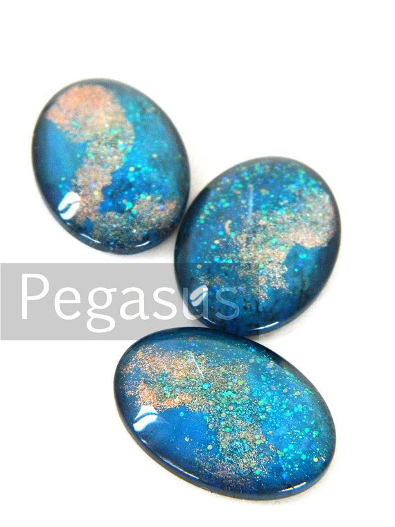 زفاف - Libra Blue OVAL Glass Opal Cabochon (3 Piece)(25x18 cab and more sizes) Flatback Galaxy gem for wedding favor,costume,jewelry making