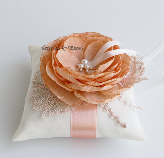 Wedding - Wedding ring pillow with peach/ornage color flower ---wedding ring pillow , wedding pillow, ring bearer, ready to ship