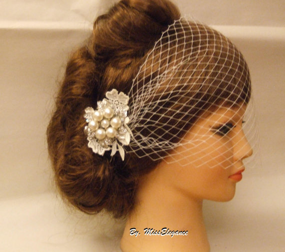 Hochzeit - Boho Gatsby 1920's style Wedding Lace FlowerCrystal, Pearl Hair Clip Bridal Blusher Birdcage Veil  French net veil White Ivory