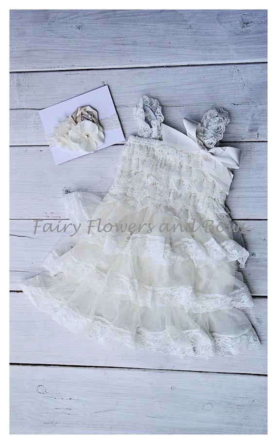 زفاف - Ivory Rustic Lace Chiffon Dress with Matching Headband ....Flower Girl Dress, Wedding Dress, Baptism Dress  (Infant, Toddler, Child)