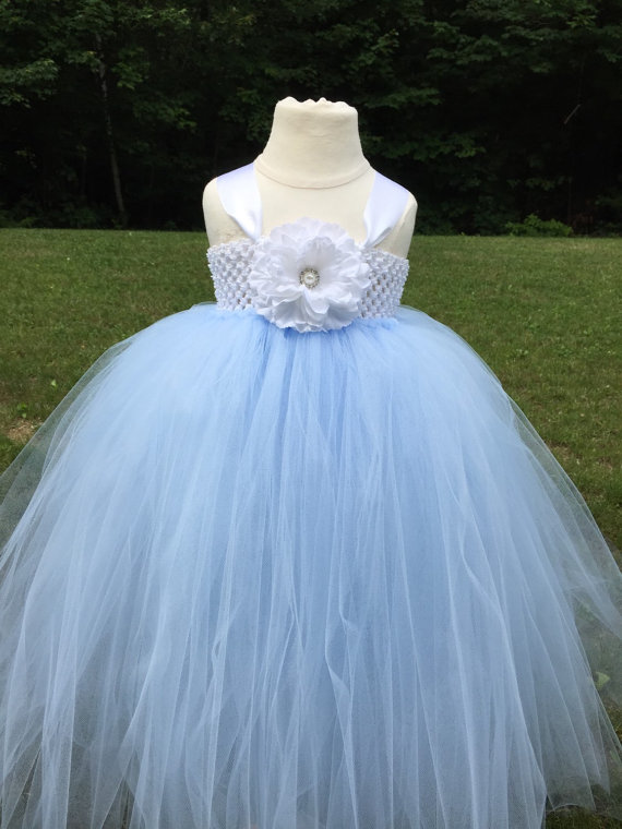 Wedding - girls white and light blue tulle dress, light blue tulle tutu dress, light blue flower girl dress, light blue and white birthday dress